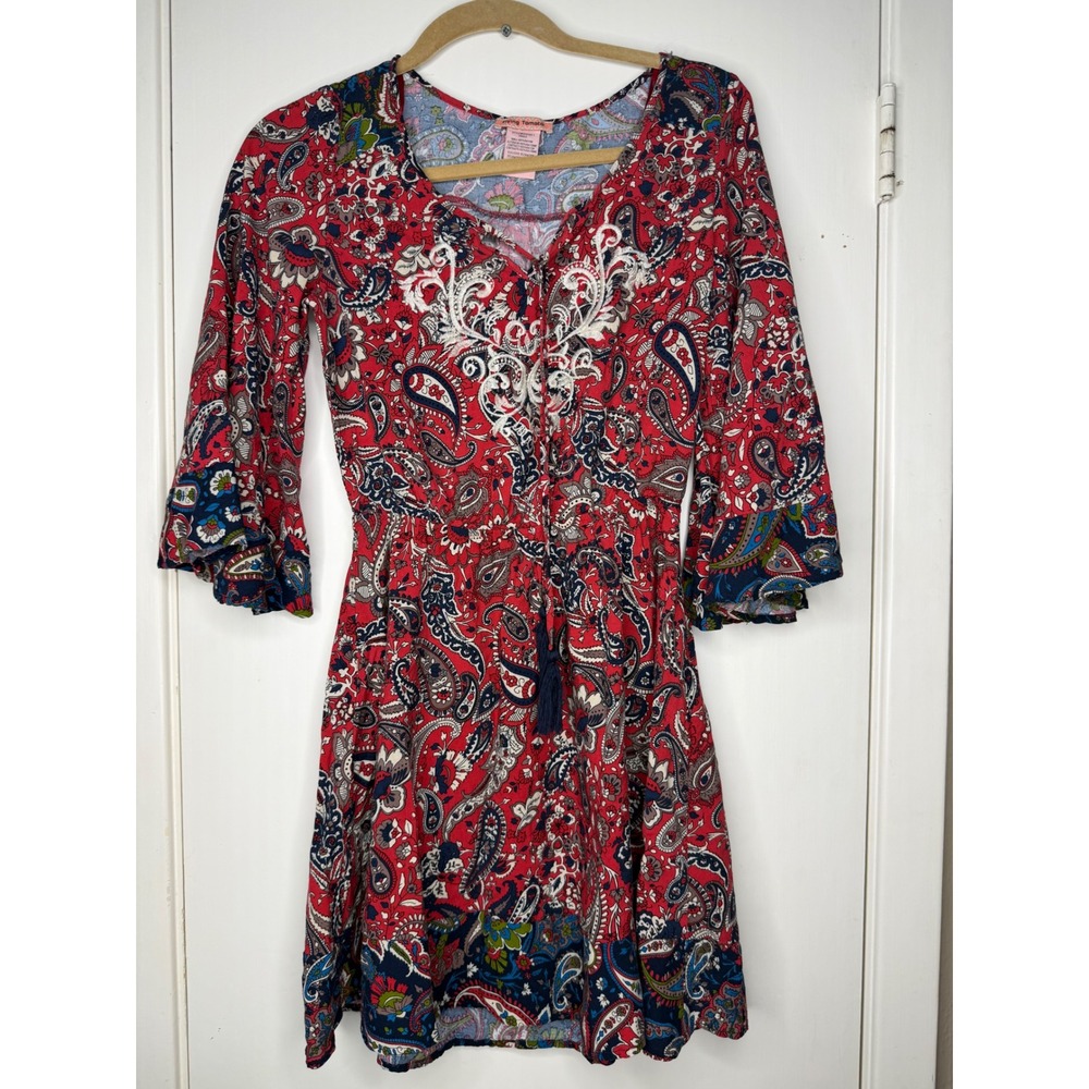 Flying Tomato Red Paisley Boho Mini Dress Embroidered Bell Sleeve Tassel Small